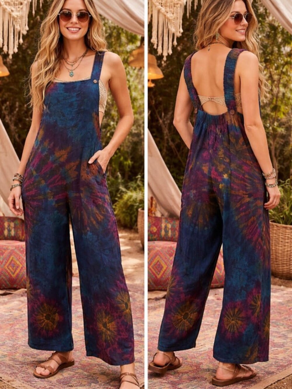 NWOT Tie Dye Elastic Strap Wide Leg Overalls